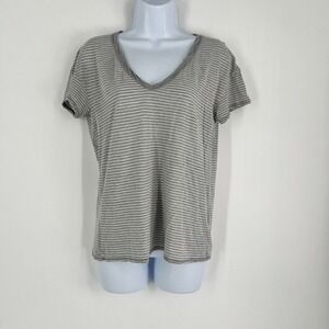 James Perse Gray White Striped V-Neck Cotton Tee Shirt Womens Size 1 US Small